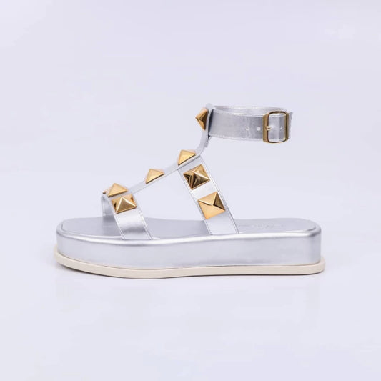 Cloe - Sandália Papete Feminina Flatform Aplicações Prata