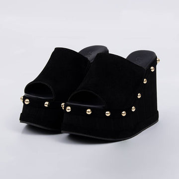 Adrian - Tamanco Feminino Anabela Plataforma Tachas Preto
