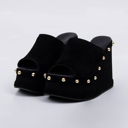 Adrian - Tamanco Feminino Anabela Plataforma Tachas Preto