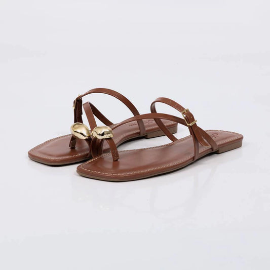 Iara - Rasteira Feminina Dedal Tiras Finas Fivela Caramelo