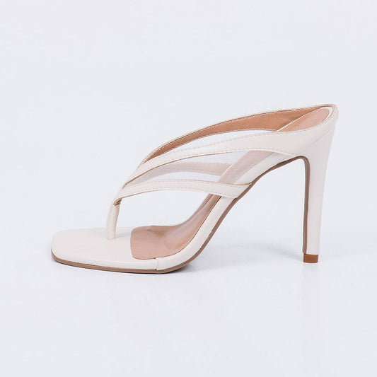 Ariel – Tamanco Feminino Salto Alto Fino com Tiras Teladas Off-white