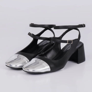 Jessie - Slingback Feminino Bico Redondo Prata/Preto
