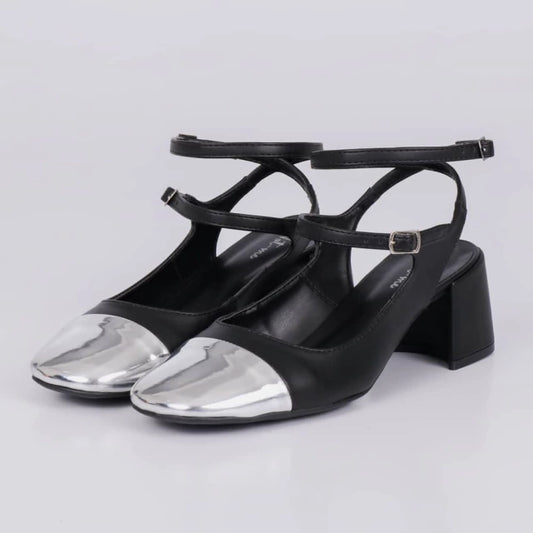 Jessie - Slingback Feminino Bico Redondo Prata/Preto