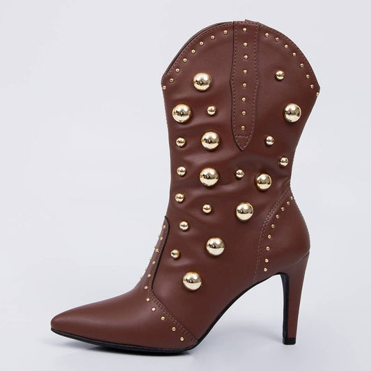 Giza - Bota Feminina Texana Cano Curto Tachas Douradas Marrom