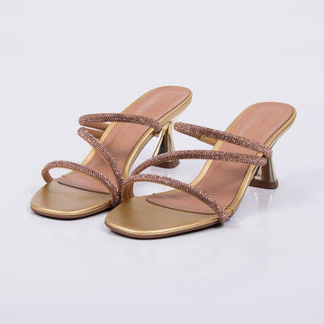 Lia - Tamanco Feminino Salto Taça Tiras Strass Dourado