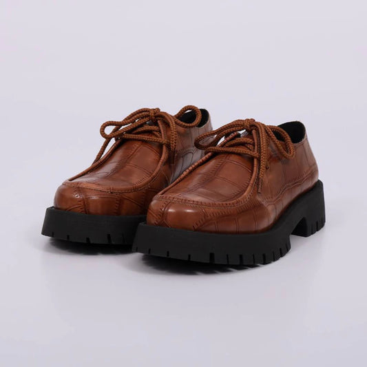 Pietra - Sapato Feminino Tratorado Croco Amarração Caramelo