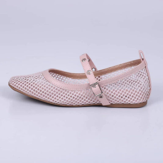 Dora - Sapatilha Feminina Bico Quadrado Fivela Tela Rosa