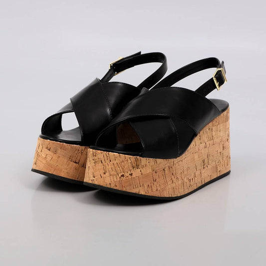 Taina - Sandália Feminina Plataforma Cortiça Tiras Preto