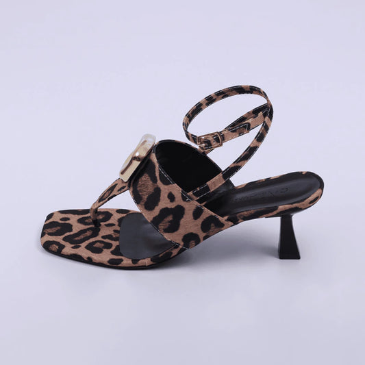 Turquia - Sandália Feminina Tamanco Bico Quadrado Salto Taça Onça