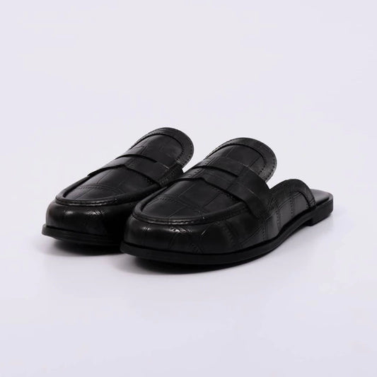 Rubi - Mule Feminino Bico Redondo Croco Detalhe Costura Preto