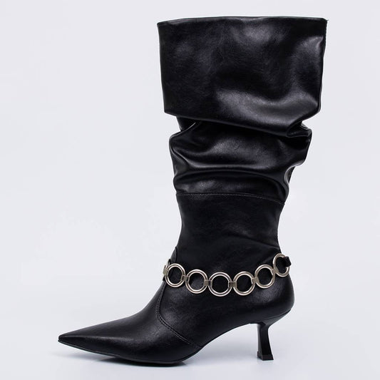 Sierra - Bota Feminina Cano Médio Corrente Salto Fino Preto