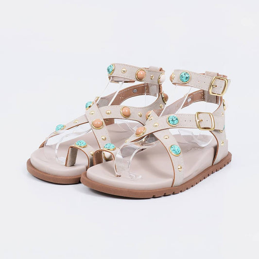 Troia - Papete Sandália Feminina Pedras Fivelas Off-white