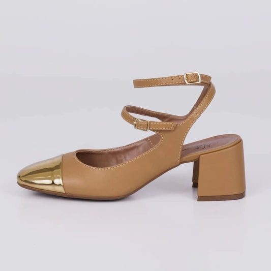 Jessie - Slingback Feminino Bico Redondo Dourado/Nude