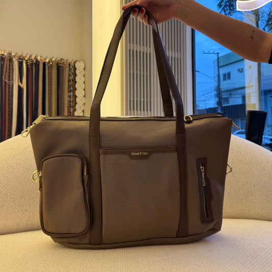 México - Bolsa Tote Feminina com Bolsos Frontais e Zíper Marrom Claro
