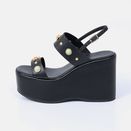 Belize - Sandália Plataforma Anabela Feminina Aplicações Preto