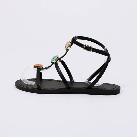 Beatrice - Sandália Feminina Rasteira Aplicações Pedras Preto
