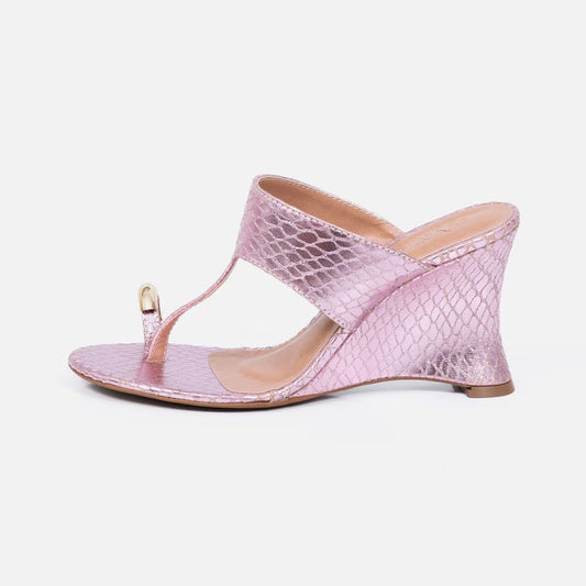 Milão - Tamanco Feminino Salto Anabela Tira Cromado Rose