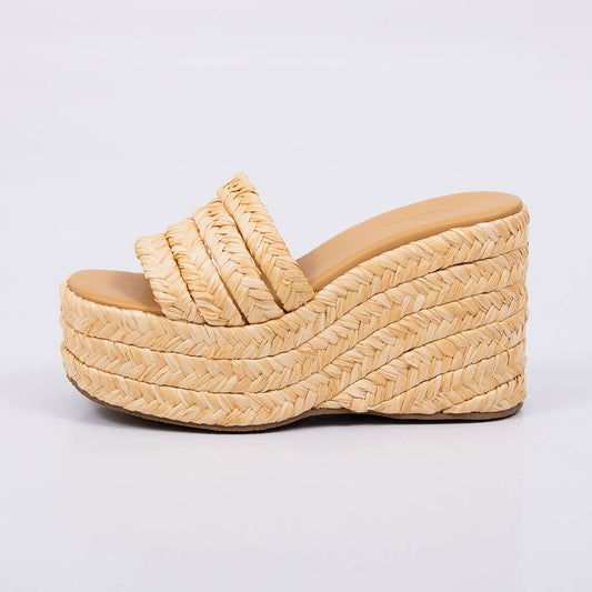 Maitê - Tamanco Feminino Anabela Plataforma Tiras Palha Creme