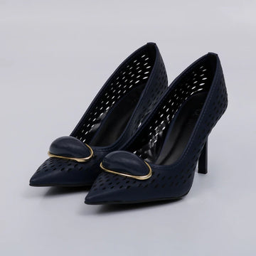 Helena - Scarpin Feminino Aplicação Dourada Salto Alto Azul