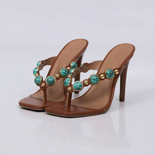 Tiana - Tamanco Feminino Salto Alto Aplicações Caramelo