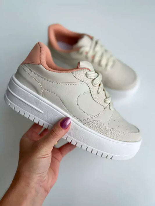 Cancún - Tênis Feminino Casual Plataforma Nude/Rosa