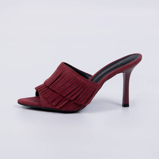 Belmonte - Tamanco Feminino Salto Alto Camurça Franjas Vermelha