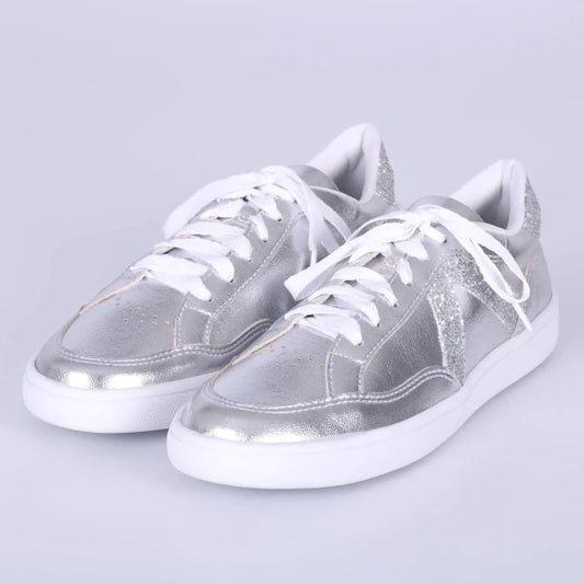 Kendra - Tênis Feminino Cadarço Brilho Prata