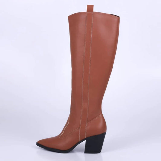 Nati - Bota Feminina Texana Cano Longo Bico Fino Salto Grosso Caramelo