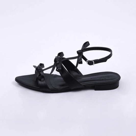 Lynn - Sandália Feminina Rasteira Bico Folha Aplicação em Laço Preta