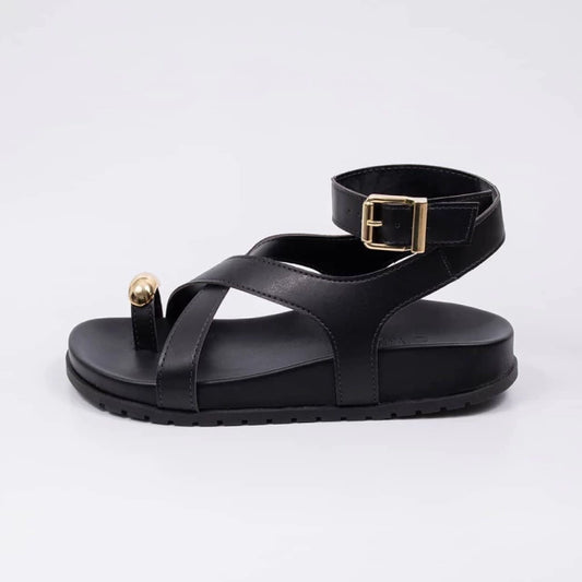 Glam - Sandália Papete Feminina Tiras Médias Aplicação Fivela Preta