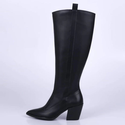 Nati - Bota Feminina Texana Cano Longo Bico Fino Salto Grosso Preta
