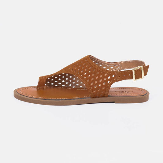 Eleven - Sandália Rasteira Feminina Vazado Fivela Caramelo