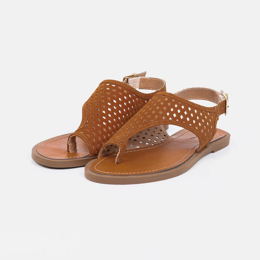 Eleven - Sandália Rasteira Feminina Vazado Fivela Caramelo