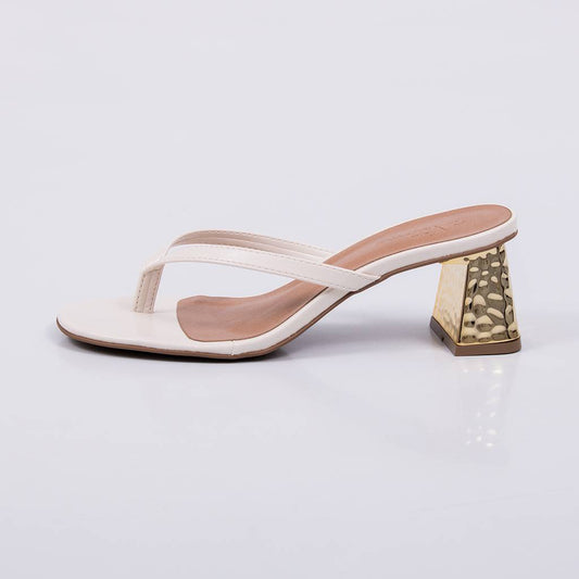 Perola - Tamanco Feminino Salto Bloco Dourado Cromado Off-white