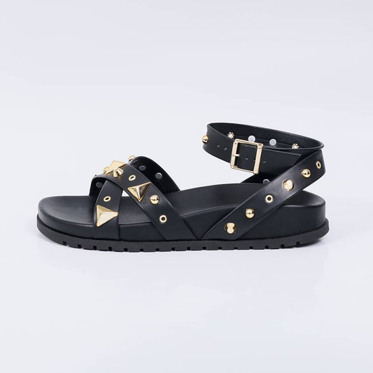 Valen - Papete Feminina Tiras Aplicação Fivela Dourada Preta