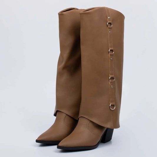Arizona - Bota Feminina Aplicação Cano Dobrado Marrom Claro