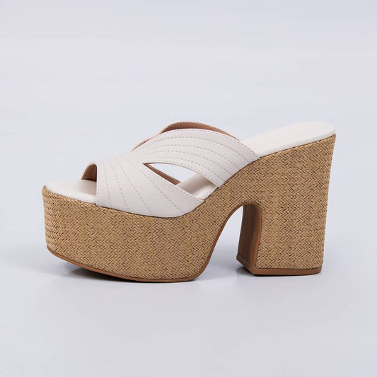 Duna - Tamanco Feminino Meia Pata Palha Tiras Off-white