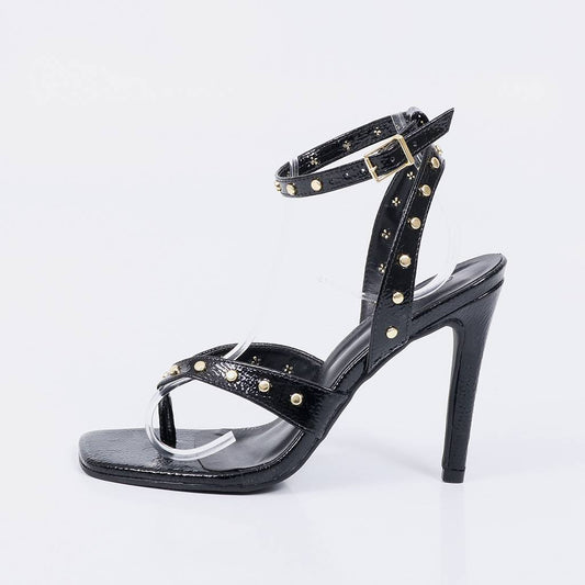 Texas - Sandália Feminina Salto Alto Fino Tiras Tachas Preto