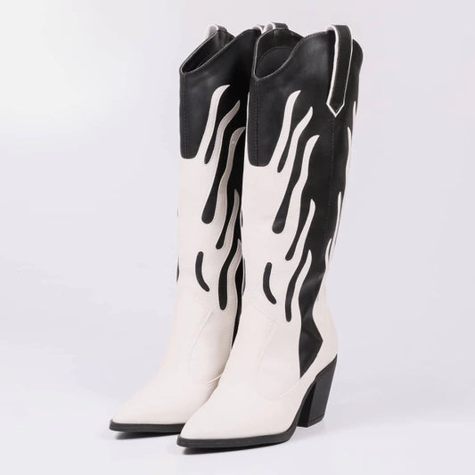 Luna - Bota Feminina Texana Country Cano Alto Off-white/Preto