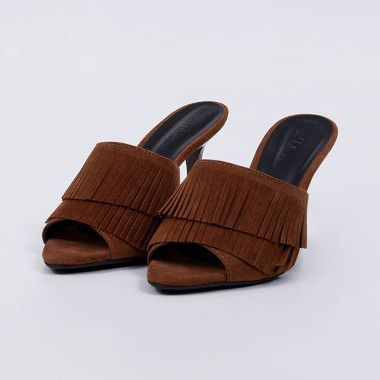 Belmonte - Tamanco Feminino Salto Alto Camurça Franjas Caramelo