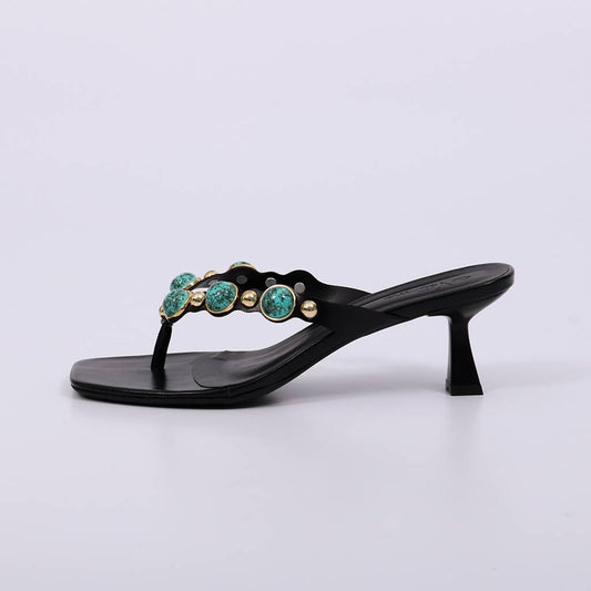 Nina - Tamanco Salto Alto Pedrarias Turquesa Preto