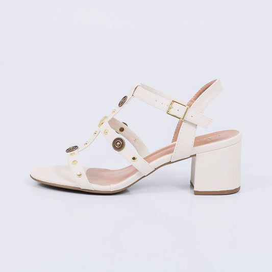 Liara - Sandália Feminina Salto Bloco Fivela Aplicações Off-white