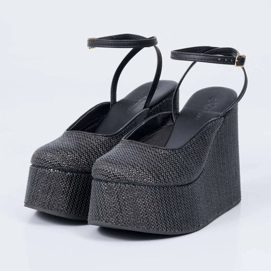 Savanna - Sandália Feminina Anabela Trançado Tira Preto