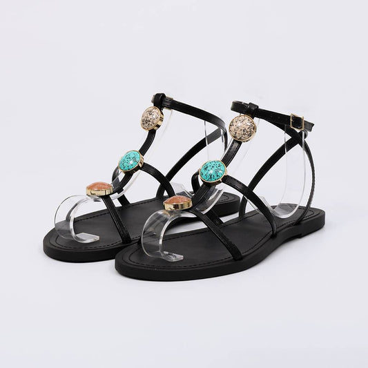 Beatrice - Sandália Feminina Rasteira Aplicações Pedras Preto