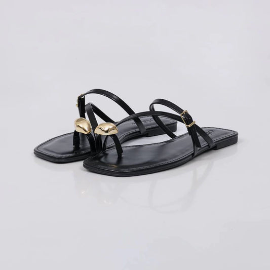 Iara - Rasteira Feminina Dedal Tiras Finas Fivela Preto