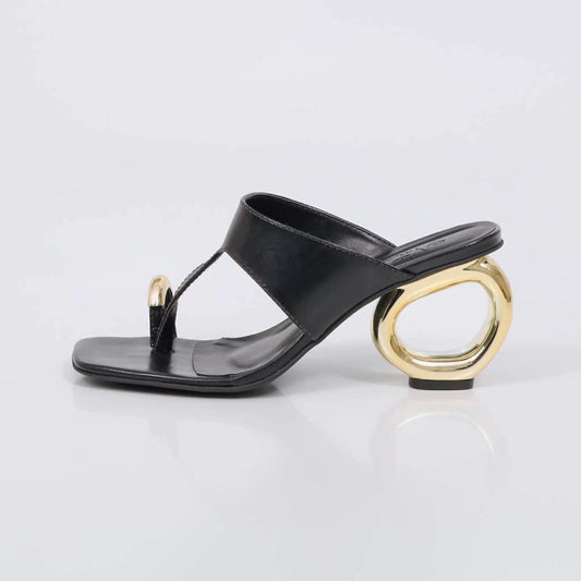 Oliva - Tamanco Feminino Salto Circular Dourado Preto