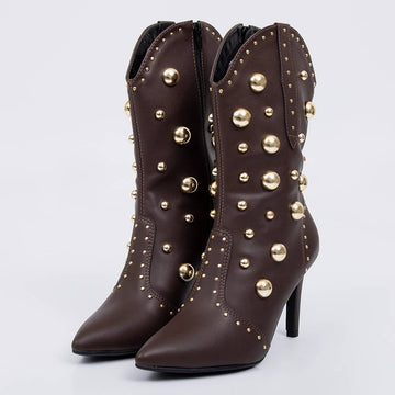 Giza - Bota Feminina Texana Cano Curto Tachas Douradas Marrom Escuro