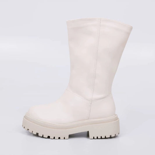 Leona - Coturno Feminino Tratorado Cano Médio de Zíper Off-White