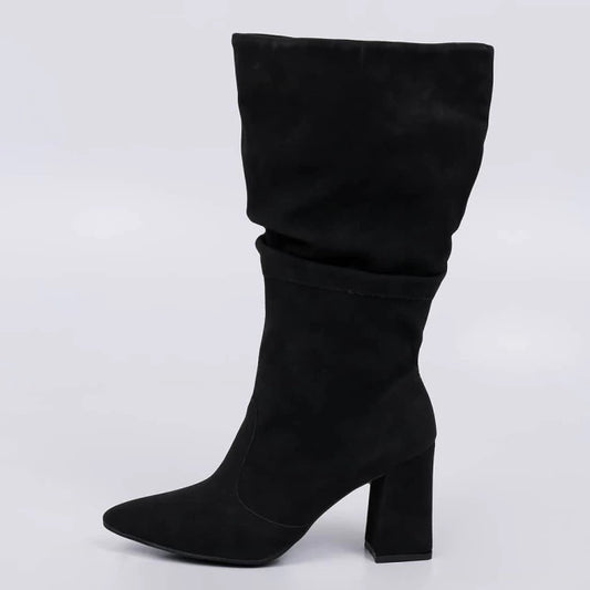 Europa - Bota Feminina de Camurça Salto Bloco Bico Fino Preta
