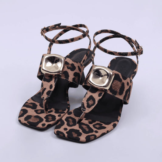 Turquia - Sandália Feminina Tamanco Bico Quadrado Salto Taça Onça